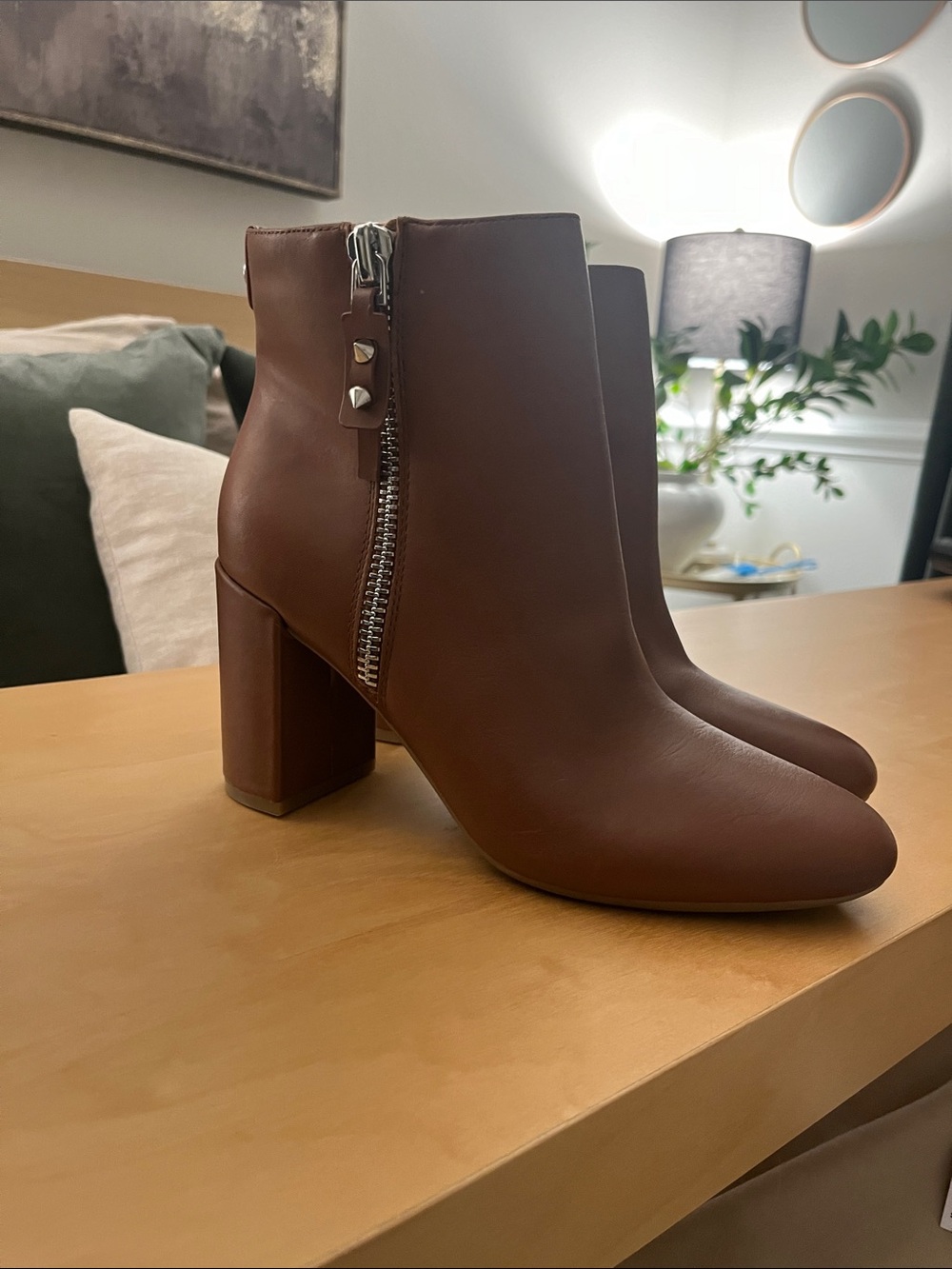 Nine West Brown Block Heel Ankle Boots with Side Zip